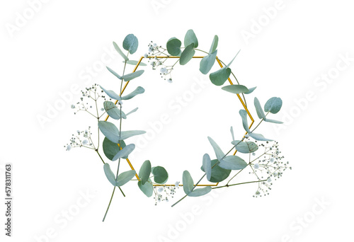 Wreath of eucalyptus and gypsophila braided in golden frame. Isolated on transparent background. Top view flat lay. Botanical nature design for sustainable wedding concepts and decorations with space