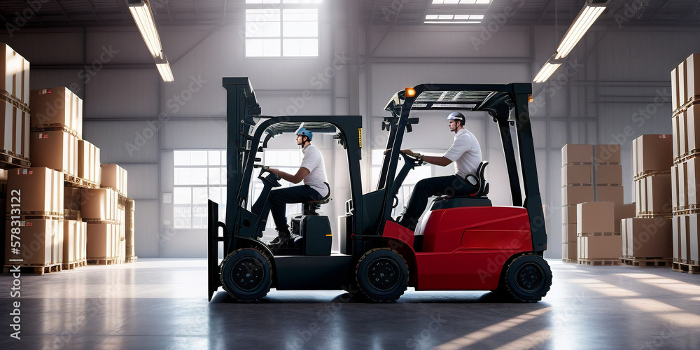 Two men in white shirts are driving a forklift in a warehouse with boxes on the floor and a red forklift. Side view. Generative AI technology