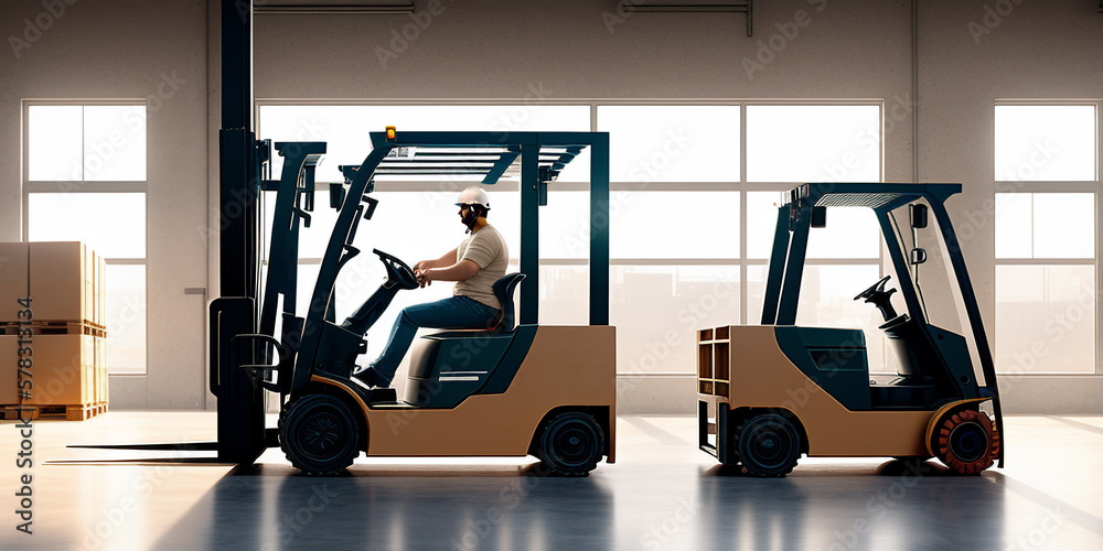 Man driving a forklift in a warehouse with boxes on the floor. Side view. Generative AI technology. Man driving a forklift in a warehouse with boxes on the floor. Side view. Generative AI technology.