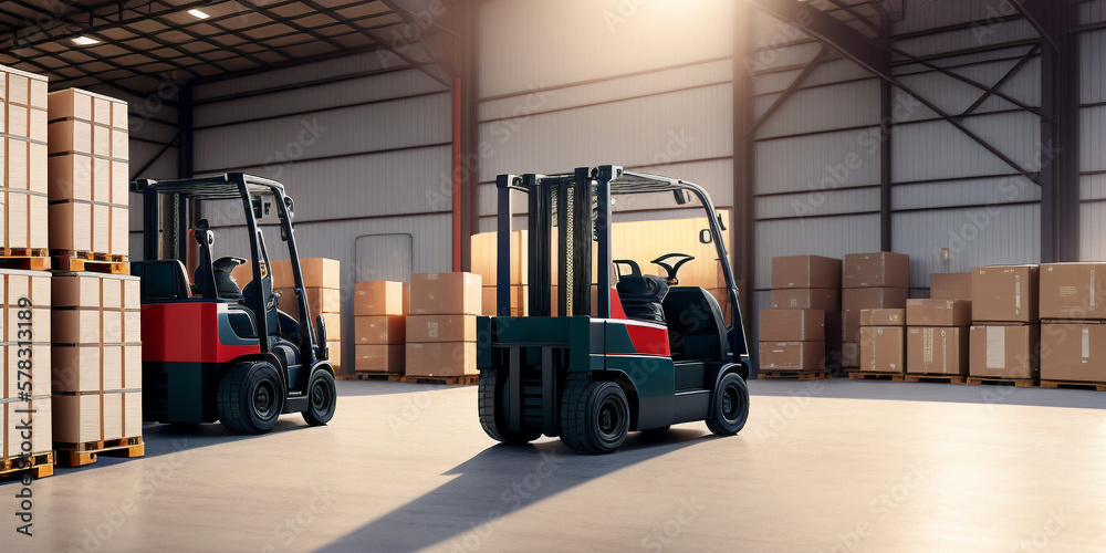 Forklift is parked in a warehouse with boxes on the floor and a other forklift is parked in the middle of the warehouse, side view.  Generative AI technology.