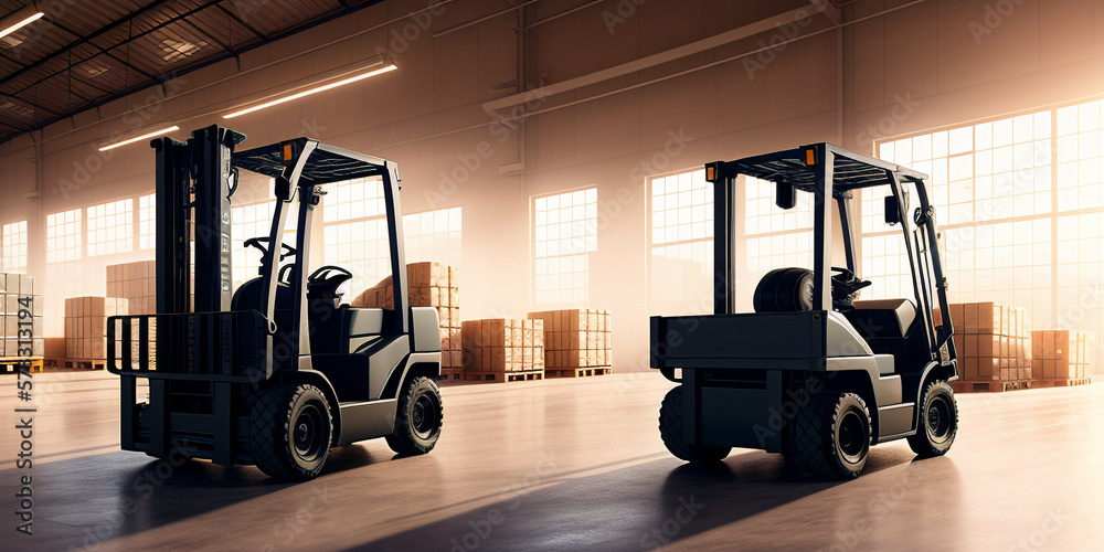 Two forklifts in a warehouse with a large window behind them and a large building in the background. Sunny morning. Generative AI technology. 