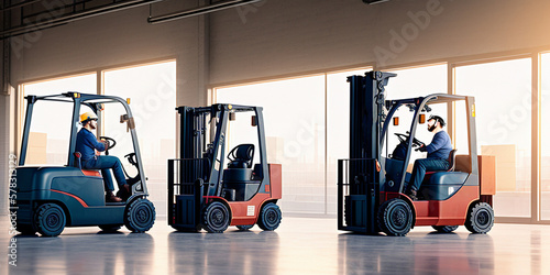 Group of men riding on forklifts in a warehouse next to windows with large windows, side view. Generative AI technology.
