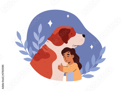 Animal-assisted therapy or emotional support for children, flat vector isolated.