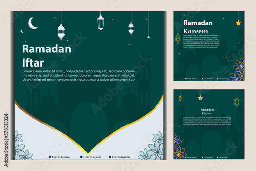 Set of Square social media post template in green, white, and blue and gold with lantern design. Iftar mean is ramadan. social media template with islamic background design