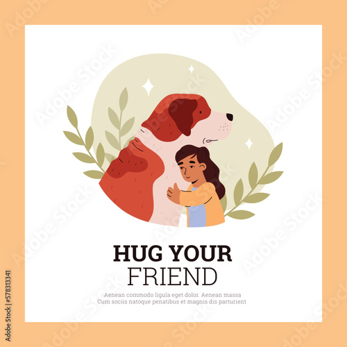 Friendship and communication with pets banner with child and dog, flat vector.