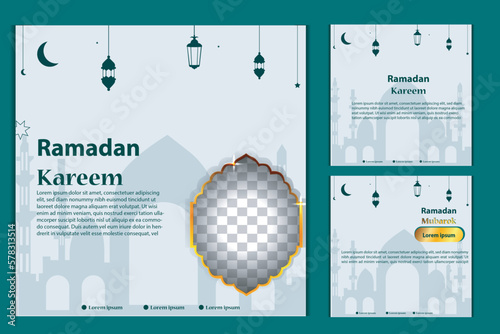 Set of Square social media post template in green, white, and blue and gold with lantern design. Iftar mean is ramadan. social media template with islamic background design