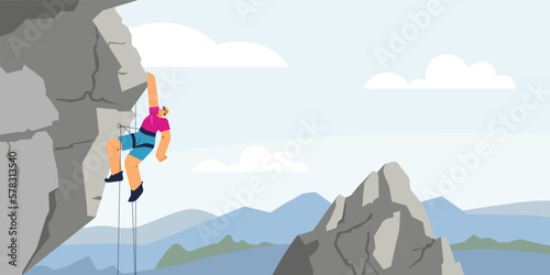 Mountain range view with climber or alpinist, flat cartoon vector illustration.