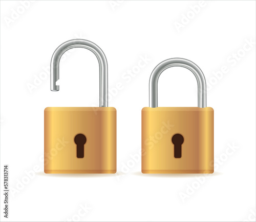 Gold padlocks set. Golden closed and open padlock isolated. Chrome locks template.Vector