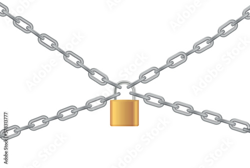 Padlock and chain. Gold metal chain and padlock, handcuffed card, vector