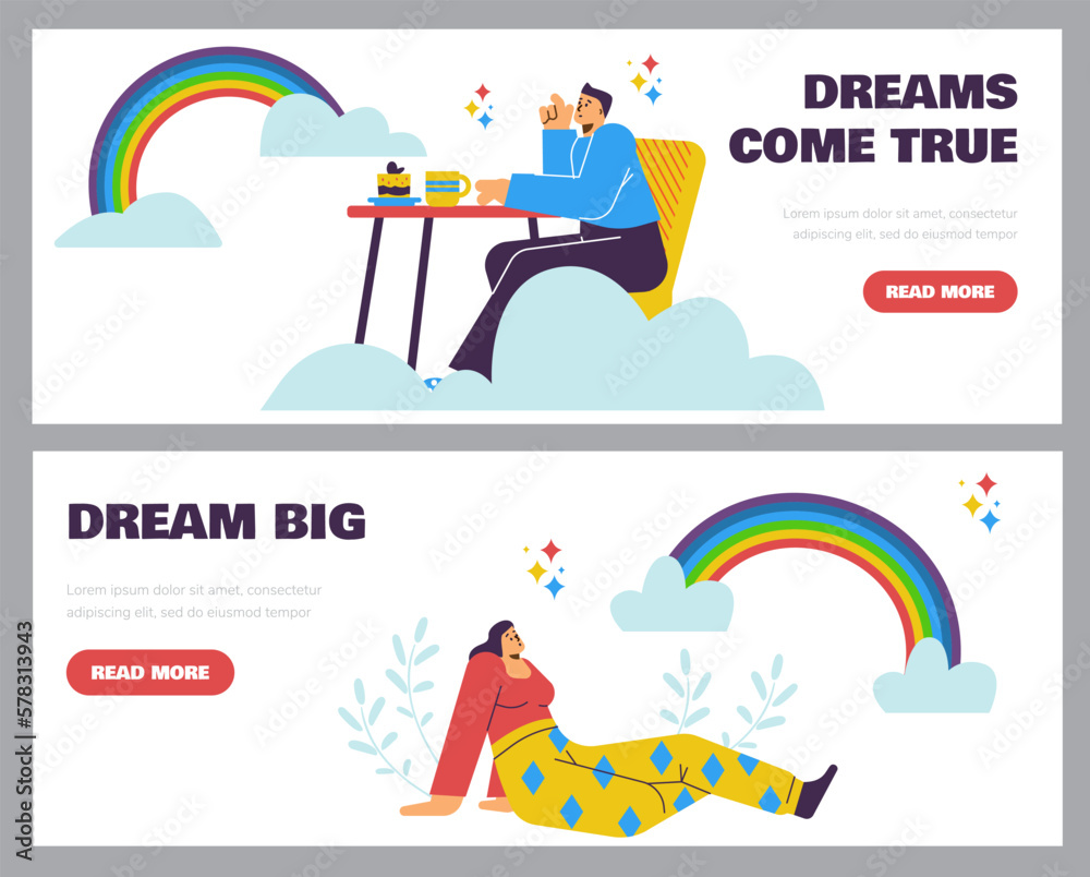 Dreaming people web banners set, flat vector illustration.