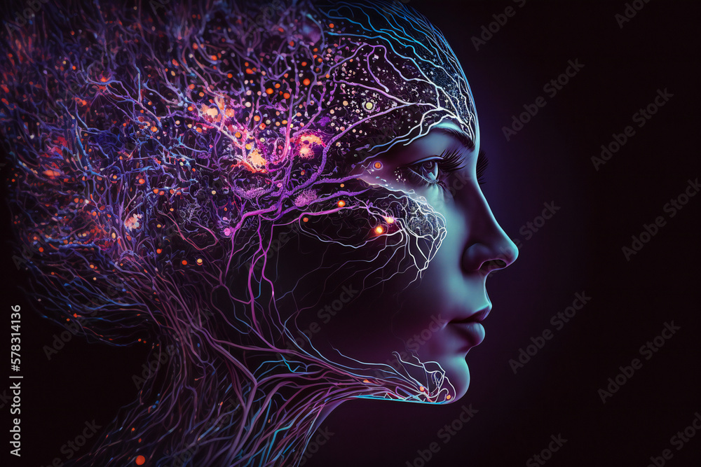 Woman head, double exposure with a glowing brain nervous network. Spiritual, transcendent, meditation concept. Created with Generative AI technology.