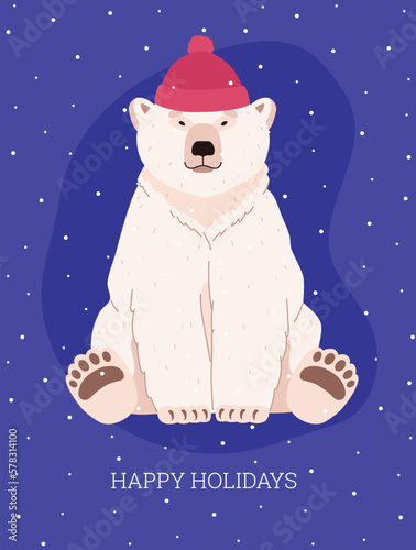 Polar bear in red hat on Christmas greeting card, cartoon flat vector illustration.