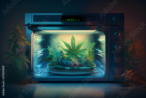 Growing marijuana cannabis leafs in open kitchen oven. Neural network AI generated art photo