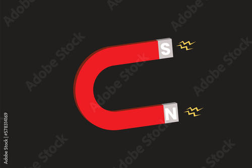 Red horseshoe in cartoon style with magnetic power sign on black background ushaped magnet