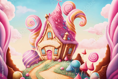 Sweet country house made of cookies and sweets and marshmallows with a path.AI generated.