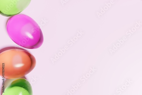 3d render of mint green  orange and pink color glass Easter eggs on a pastel pink background