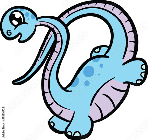 Cute Diplodocus or Plesiosaur Cartoon Dinosaur Illustration in Vector in Bright Colour