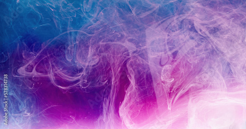 Color smoke. Mist texture. Ink water splash. Magic haze. Bright pink purple blue vapor cloud floating abstract art background with free space.
