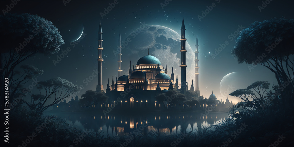 Ramadan Kareem Horizontal Banner. The Blue Mosque in Ramadan, lit up by the moonlight. Generative AI