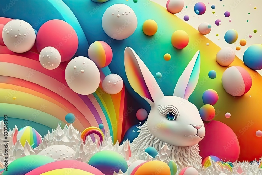 fantasy abstarct design amazing 3d Easter bunny and ornated painted rainbow colourd egg on white background. Happy Easter magical,generative ai. fantasy abstarct design amazing 3d Easter bunny and ornated painted rainbow colourd egg on white background. Happy Easter magical,generative ai.