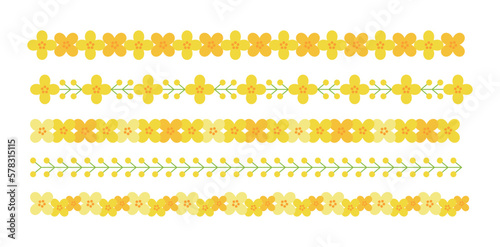 Spring season yellow canola flowers concept design deco pattern border set. Repeated lines of flowers and leaves.