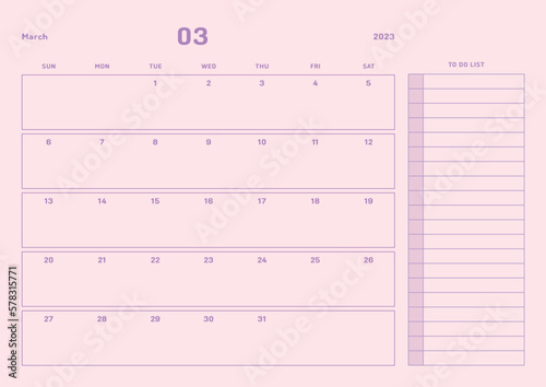 March 2023 simple design digital and printable calendar template illustration. Notes, scheduler, diary, calendar, memo, planner document template background. 