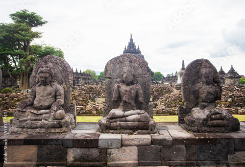 Statues in the Plaosan temple complex  Candi Plaosan  is one of the Buddhist temples located in Klaten Regency  Central Java  Indonesia. Plaosan temple was built in the mid 9th century.