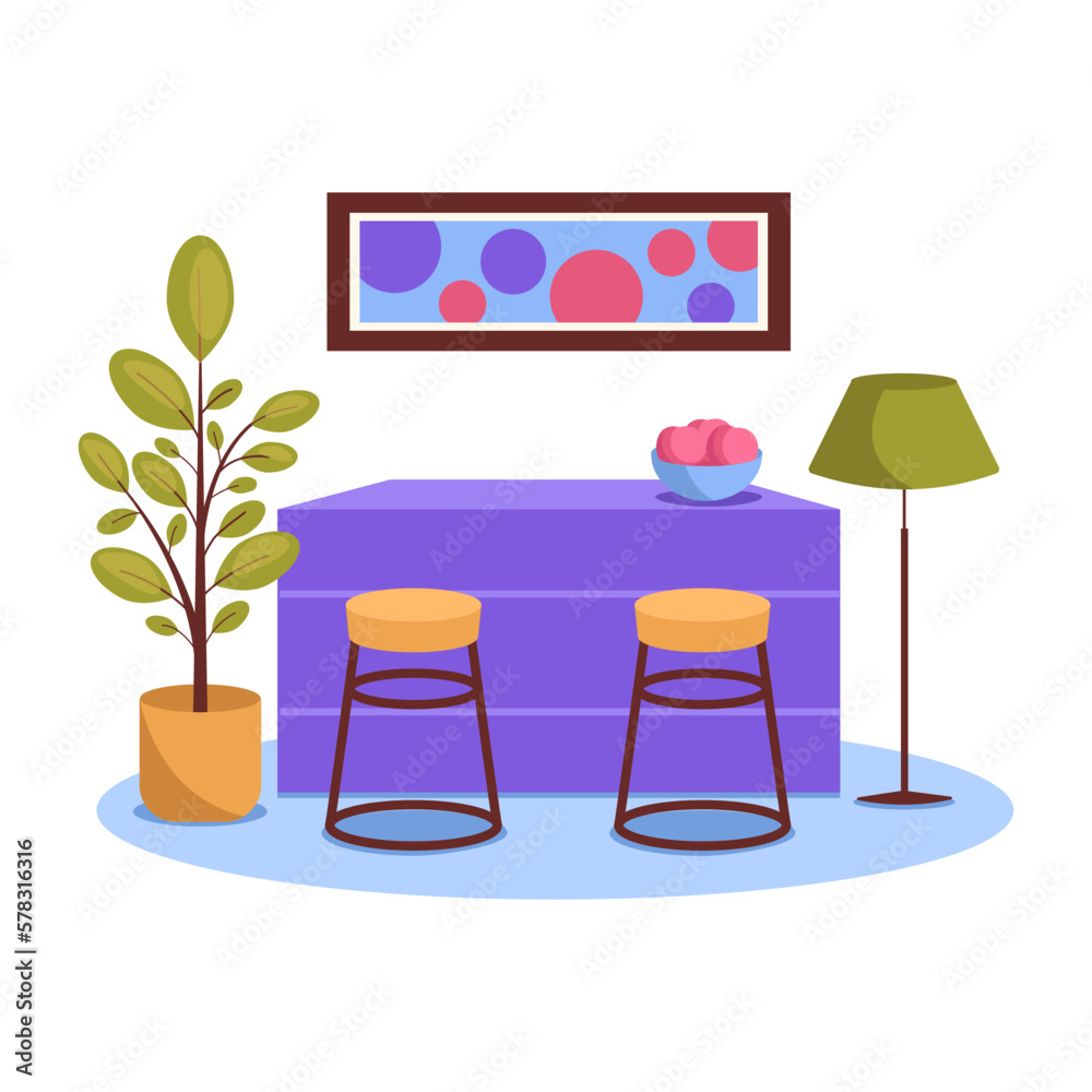 Fototapeta premium Kitchen interior. Bar counter, bar stools, plant, painting, lamp, fruit. Vector graphic.
