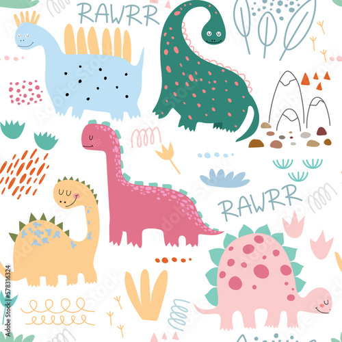 Vector seamless colorful repeating pattern with dinosaurs in Scandinavian style. Children's seamless pattern with hand-drawn dinosaurs. Vector illustration of dinosaurs. Vector stock illustration.