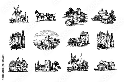 Village scenery ink sketches.