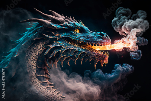 Evil fire-breathing dragon close-up with burning eyes and scales on a dark background, a fairy tale character. Generative AI © VICHIZH