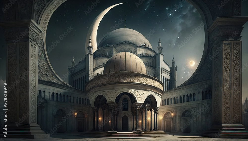 Fototapeta premium Ramadan's celebration background with Mosque and crescent moon at night, generative ai