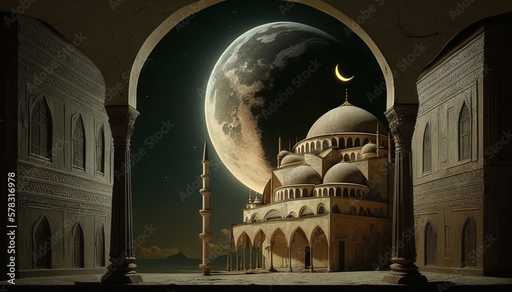 Fototapeta premium Ramadan's celebration background with Mosque and crescent moon at night, generative ai