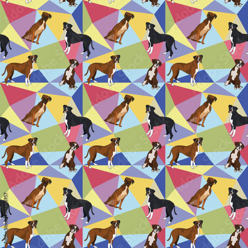 Boxer dog on a mosaic geometric background. Funky, colorful vibe, rainbow colors palette. Simple, clean, modern texture. Geometric, polygon style. Summer seamless pattern with dogs.Triangles.