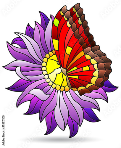 Illustration in the style of stained glass with glass on flowers and butterflies  figures isolated on a white background