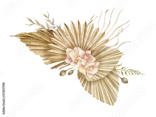Dried Flowers in Boho style. Hand drawn watercolor illustration on isolated background for greeting cards or wedding invitations. Bohemian creamy bouquet with dry palm leaves in d pale pink orchids.