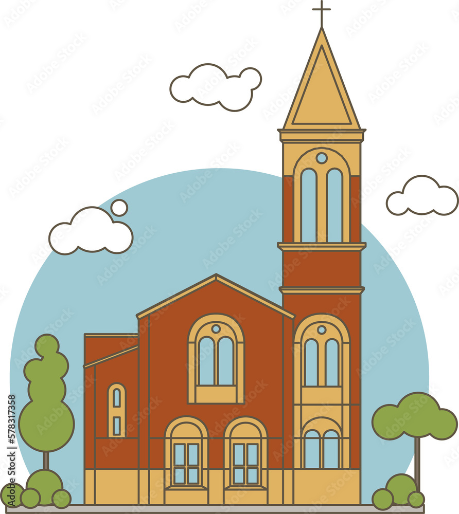 Color Flat Line Style Classic Christian Church Building Illustration