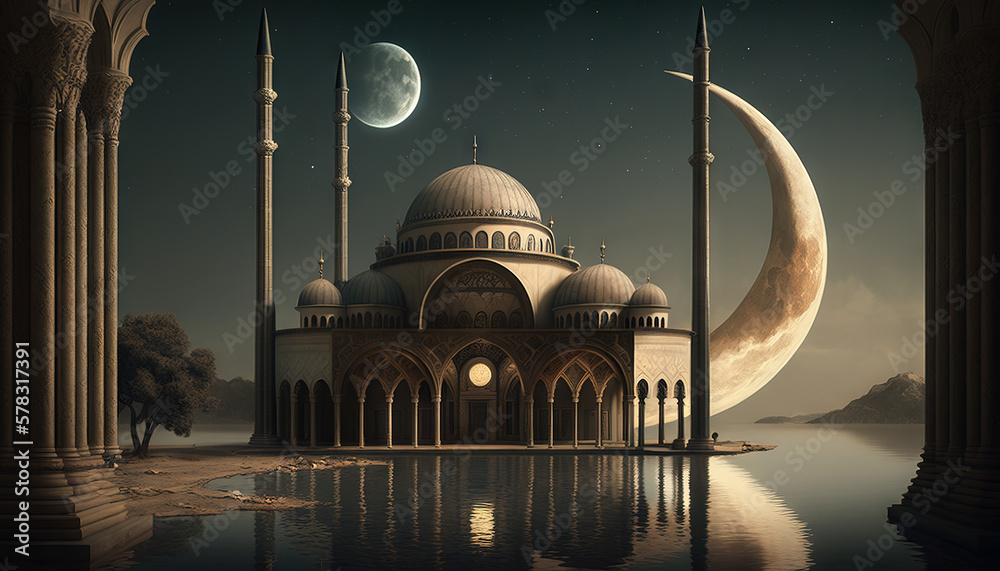 Fototapeta premium Ramadan's celebration background with Mosque and crescent moon at night, generative ai