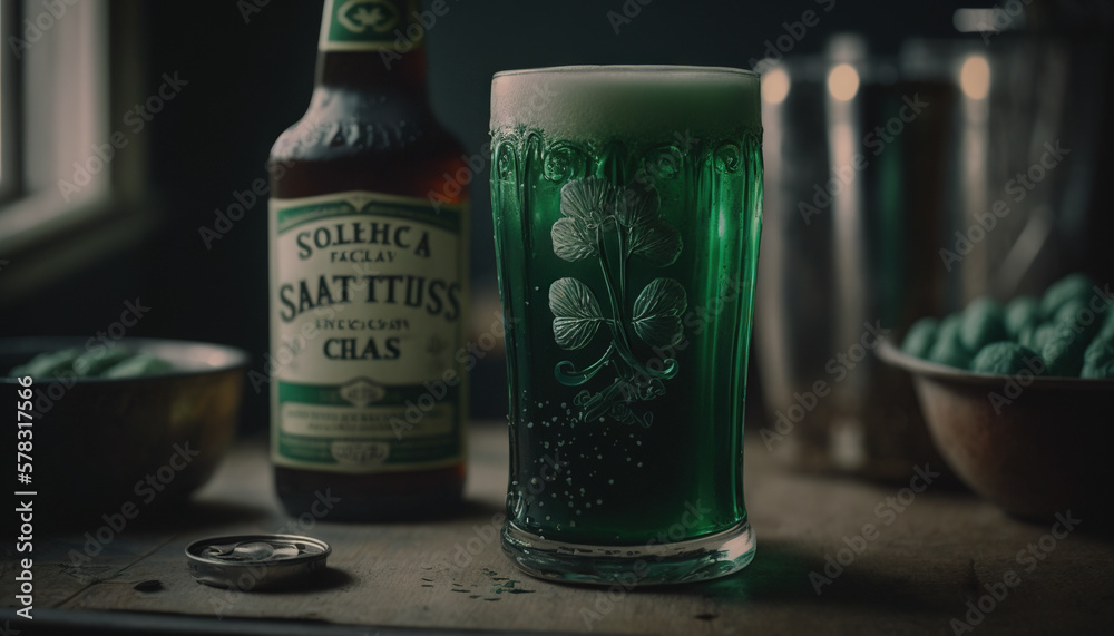 Fototapeta premium St. Patrick's Day celebration background. Glass with green liquid beer Generative ai