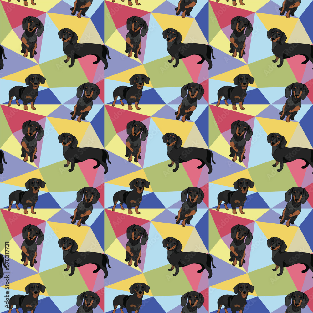 Dachshund dog on a mosaic geometric background. Funky, colorful vibe, rainbow colors palette. Simple, clean, modern texture. Geometric, polygon style. Summer seamless pattern with dogs.Triangles.