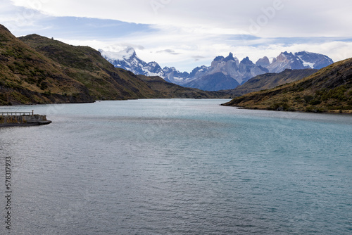 Lake and snowy mountains of Torres del Paine National Park in Chile  Patagonia  South America