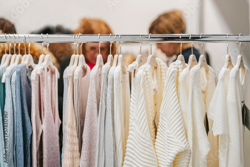 Close-up of womens Knitwear in light colors hanging in row in clothes store. Shopping