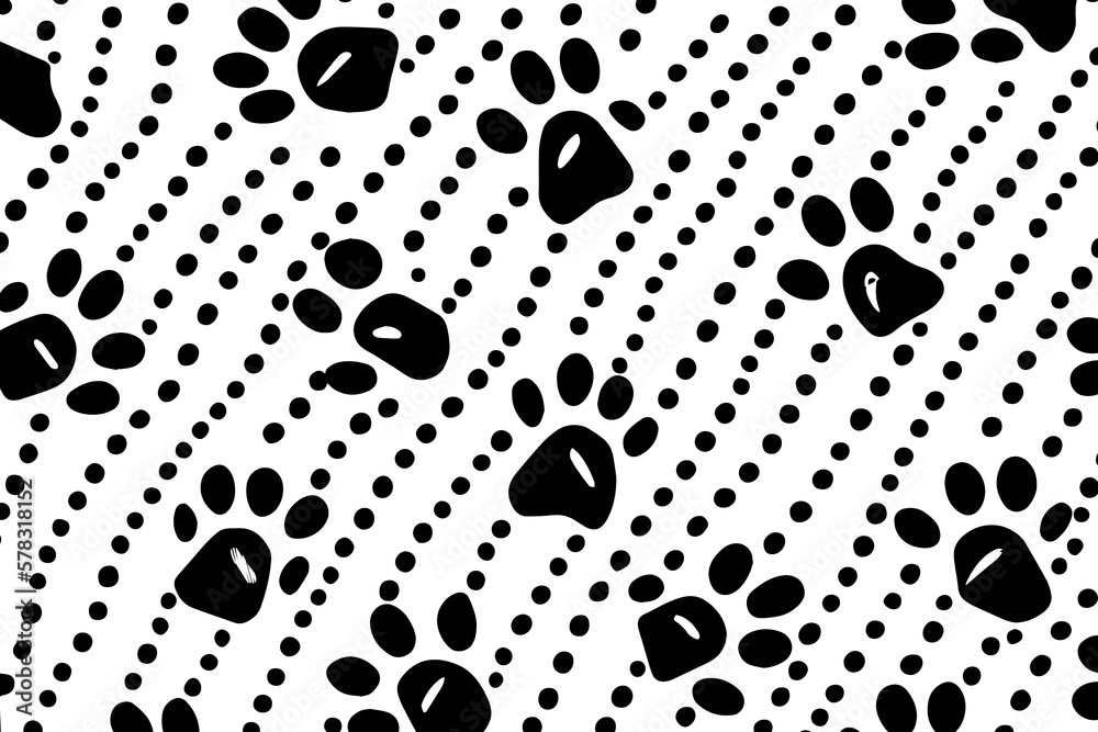 Fototapeta premium Seamless pattern with muliticolor contour cat footprint on blue background. Generative Ai