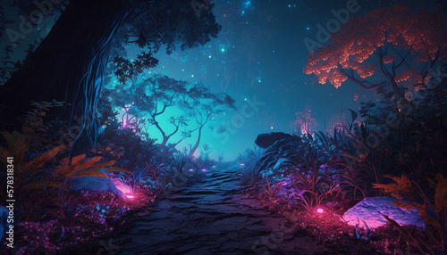 Colorful bioluminescence plants in forest  crystals and glowing path  fireflies  Pandora planet at night  blue and pink glow  epic landscape in background. Generative AI.