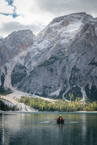 Sailing in canoes and kayaks on the Dolomites Lake Di Braies.