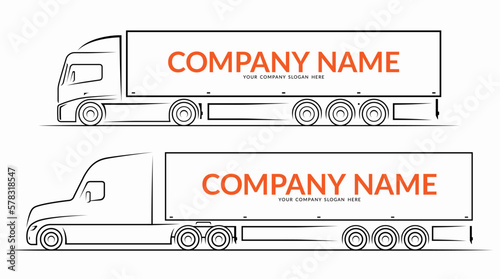 Set of road train silhouettes, contours. Side view of the semi truck with the trailer. Vector illustration isolated on white background.