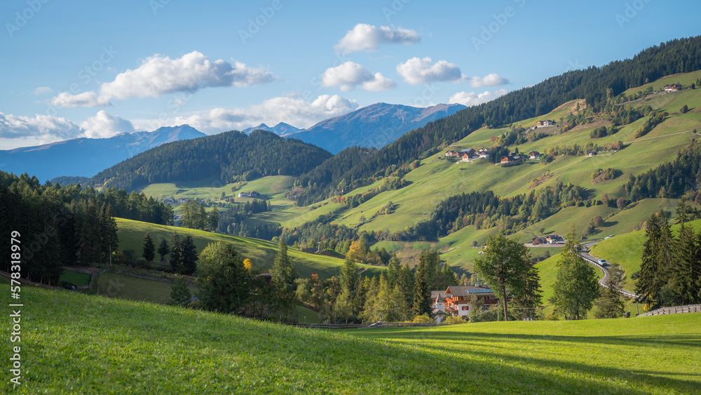 Panoramic image of the green valleys of Alpe di Siusi, Dolomites, Italy