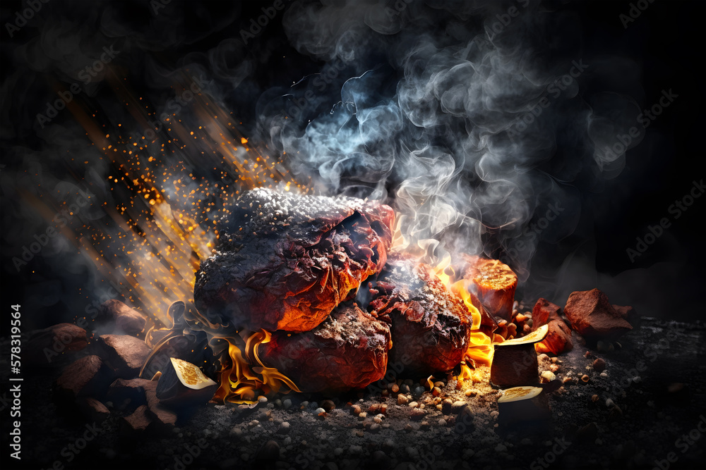 Piece of fried meat on a black background with smoke and fire. Baked meat. Delicious dish. Artistic blur. Generative AI technology. Piece of fried meat on a black background with smoke and fire. Baked meat. Delicious dish. Artistic blur. Generative AI technology.