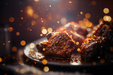 Grilled beef steak on a dark background with golden bokeh. Delicious dish. Artistic blur. Generative AI technology.