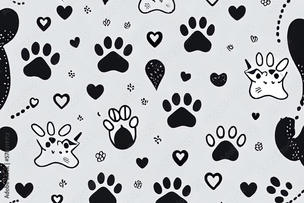 Fototapeta premium cat foot texture. Pattern with cat pawprint and bones. cat texture. Generative Ai
